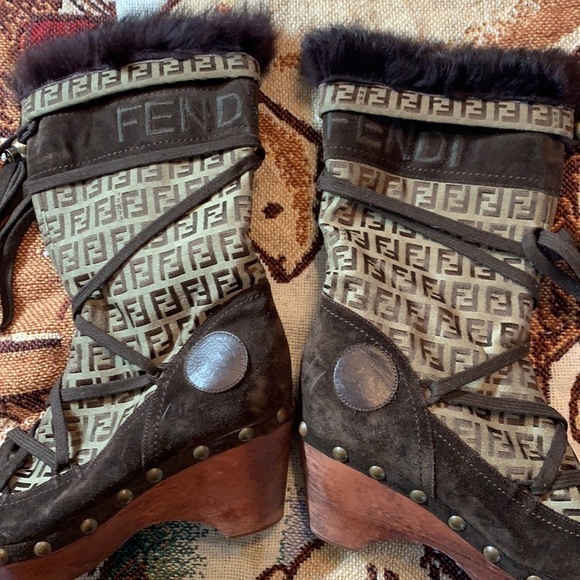 FENDI Logo Wood Platform Fur Lined Brown Winter Boots 37 studded Rare - Picture 10 of 14